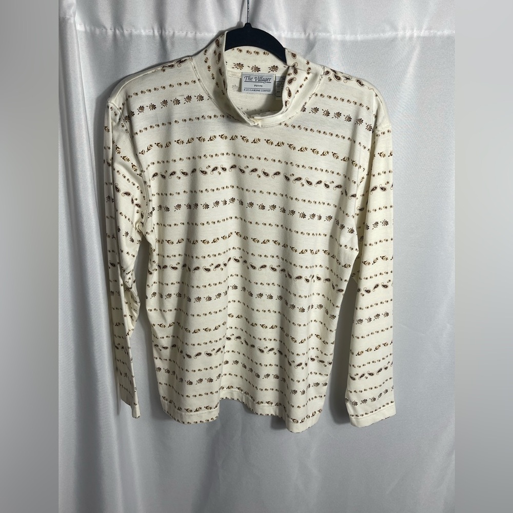 The Villager Petite Mock Neck Top Size M Retro Paisley Stripe Print Long-sleeve